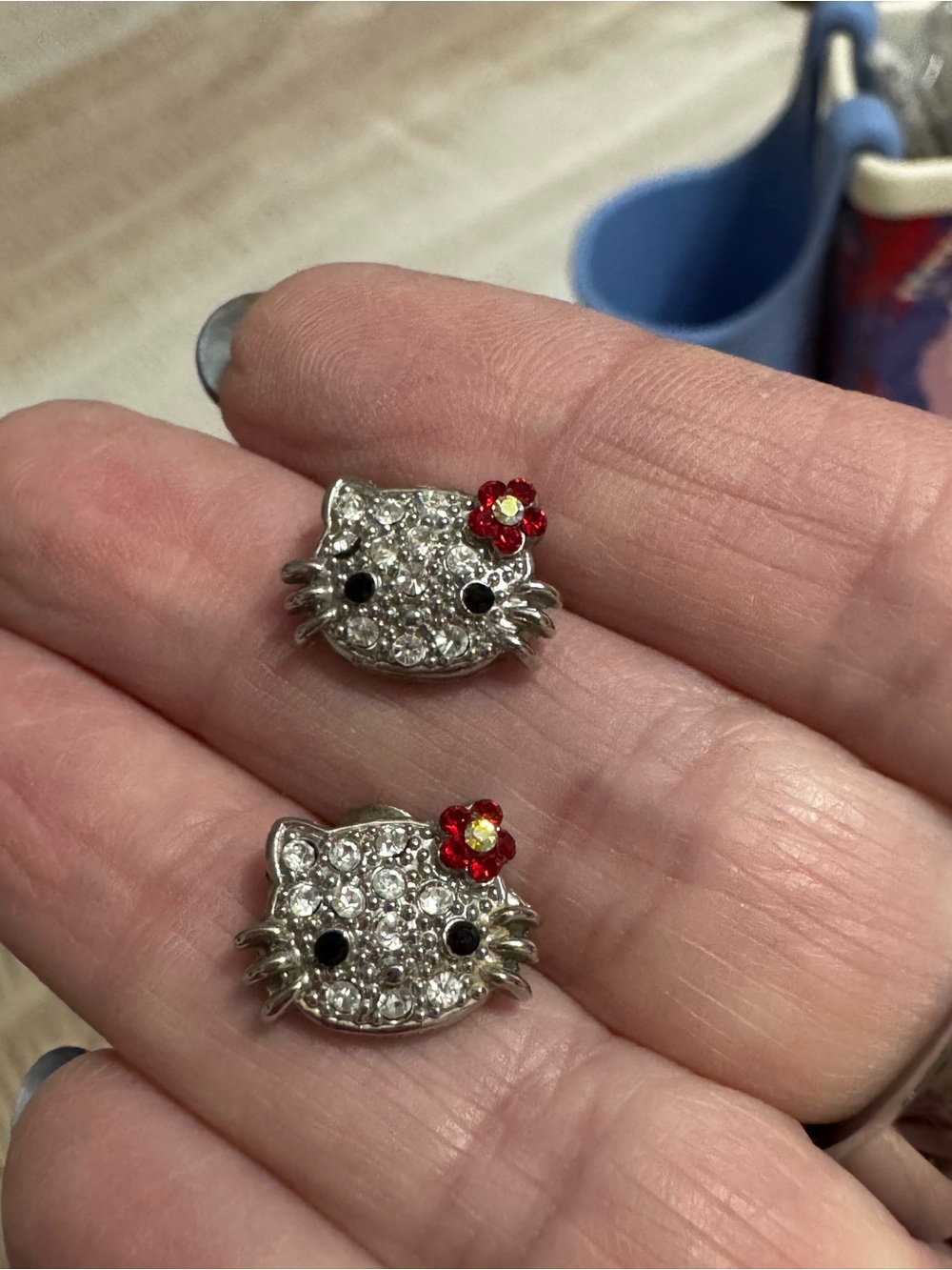 Hello Kitty Rhinestone Earrings with Red Flower Accent AS IS